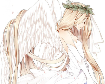 Naruto Maki, brife, wings, tears, white background, angel, long hair, dress, sad, crying, brown hair, blonde hair, leafs HD wallpaper