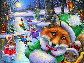 Skating in the Moonlight, artwork, river, moon, mouse, fox, forest, squirrel, ice, painting HD wallpaper