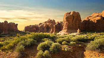 Sunset in Arches National Park. Moab, Utah, plants, colors, clouds, sky, rocks, usa HD wallpaper