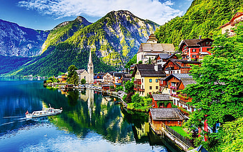 Hallstatt, Austria, village, lake, ship, alps, mountains, church, houses HD wallpaper