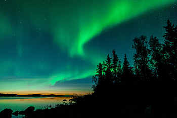 Summer Aurora, northern light, trees, colors, sky, lake, aurora borealis HD wallpaper