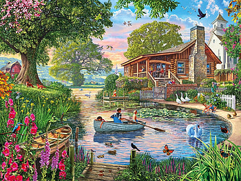 Peaceful Pond, artwork, river, boat, ducks, painting, trees, flowers, cabin HD wallpaper