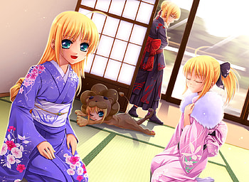4 Saber in Kimono Clothes and Tiger Cosplay, blue, kimono, black, dark saber, tiger colosseum, fate stay night, saber lily, lion, long hair, golden hair, game, white, japanese house, saber, pink, anime, red, cosplay, unlimited codes HD wallpaper
