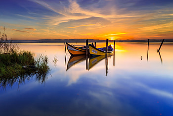 Sunset, Boats, Pond, Shore HD wallpaper