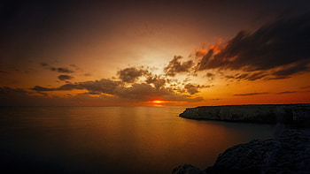 Orange skyline, Coast, sea, sky, sunset HD wallpaper