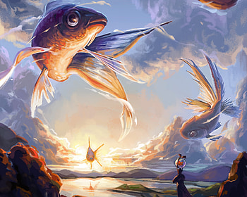 Sunset fish, blue, mooltong, art, orange, summer, fantasy, pesti, luminos, fish, sky, water, vara, cloud HD wallpaper