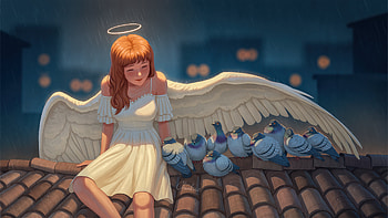 Angel Girl On Rooftop Savings Birds From Rain, wings, alone, girl, rooftop, birds, artist, artwork, art, digital-art, deviantart HD wallpaper