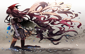 Koakuma, wings, flower, touhou, long hair HD wallpaper