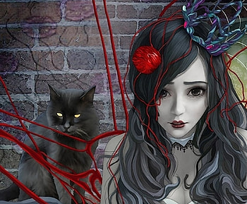 Black cat, black, asian, girl, tatto, cat, halloween, fantasy, friday, red HD wallpaper