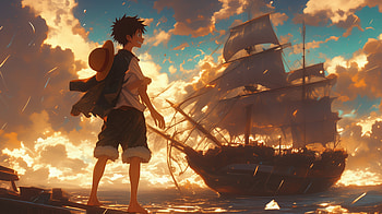 Luffy as a kid seeing a pirate ship for the first time, Anime, One Piece, Monkey D. Luffy, pirate ship HD wallpaper