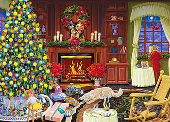 Christmas Eve, dog, bulbs, decoration, painting, window, toys, gifts, tree HD wallpaper