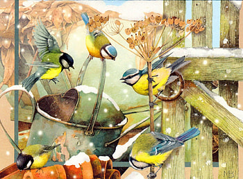 Playing birds, sweet, winter, birds, art, house, cute, beautiful, playing, painting, yard, snow, friends, home HD wallpaper