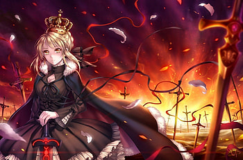 Arturia Pendragon, excalibur, cute, knight, fate stay night, dress, crown, petals, flower, cape, blaze, female, sword, frame, girl, anime girl, saber, anime, mantle, king, light, red, weapon, arturia HD wallpaper