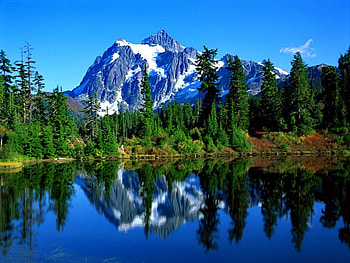 Reflections, blue, crystal, serenity, nice, quiet, shore, trees, water, majestic, snowy, beautiful, lake, mountain, cliffs, mirrored, nature, clear, lovely, calmness, peak HD wallpaper