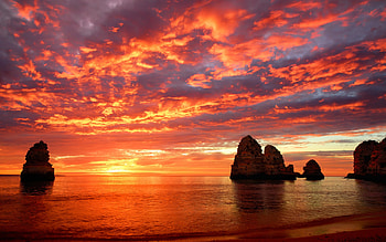 Fiery sunset sky, sea, clouds, sky, waters, rocks, ocean, sunset, fiery, beautiful HD wallpaper