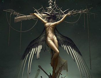 The Cross, sexy, wings, black, bird, pain, fear, woman, dark HD wallpaper