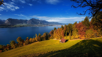 Lake Thun, Switzerland, hills, fall, colors, trees, landscape, autumn, clouds, sky HD wallpaper