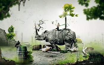 Nature, Birds, Art, Forest, Girl, Rhinoceros, Situation HD wallpaper