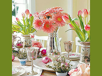 Spring table, table, pink, white, green, glasses, gerbers, flowers HD wallpaper
