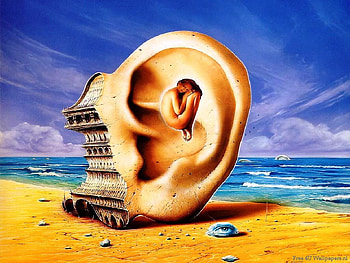 In the ear, see, sand, fantasy, art, ear, sky, water HD wallpaper