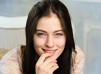 Finger on lips, smile, beautiful, blue eyes, model HD wallpaper