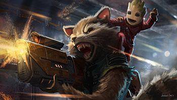 Baby Groot And Rocket Raccoon Artwork, baby-groot, rocket-raccoon, artwork, guardians-of-the-galaxy, artist, digital-art, movies HD wallpaper