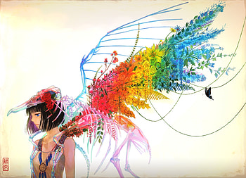 Serenity, colorful, hair ornament, purple hair, skull, fuji choko, butterflies, rose, fuzi choko, pixiv id 27517, short hair, blunt bangs, gradient, wings, bones, blue eyes, black hair, gradient hair, anime, hair flowers, flowers HD wallpaper