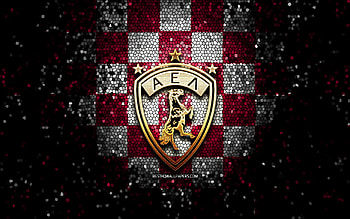 AEL Larissa FC, glitter logo, Super League Greece, purple white checkered background, soccer, greek football club, AEL Larissa logo, mosaic art, football, AEL Larissa HD wallpaper
