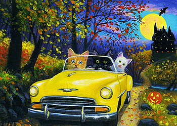 On Haunted House Road, night, artwork, moon, car, cats, trees, pumpkin HD wallpaper