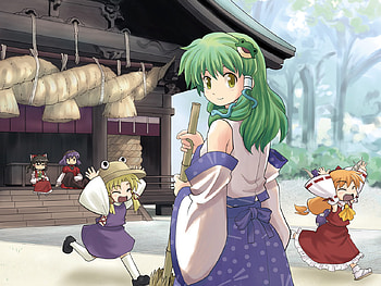 Moriya Shrine, kochiya sana, hakurei reimu, ribbons, dress, yasaka kanako, touhou, moriya suwako, girls, hat HD wallpaper