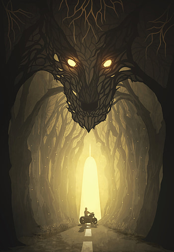 Art, Vector, Silhouette, Forest, Muzzle, Motorcyclist, Wolf, Fantastic HD phone wallpaper