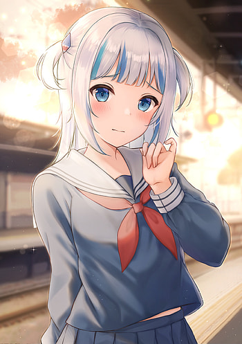 Gawr Gura Schoolgirl, red, sky, Anime, blue, cool, , girl, eyes, nice HD phone wallpaper