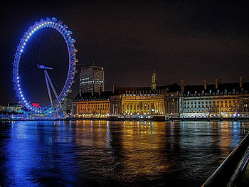 The London Eye on the South Bank, night, glare, buildings, water HD wallpaper
