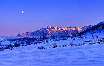 the last glow on the mountains, winter, plain, mountains, moon HD wallpaper