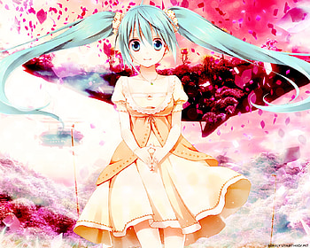 Hatsune Miku, colorful, cute, vocaloid, dress, miku, vocaloids, petals, hatsune, flower petals, blue eyes, twintail, girl, beautiful, anime, pretty, red HD wallpaper