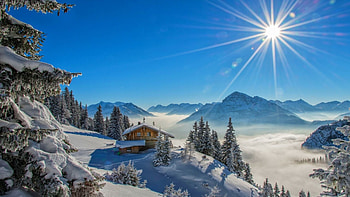 Cabin in Winter Mountains, trees, sky, sun, snow HD wallpaper