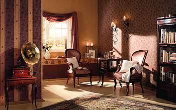 Vintage Elegance, tea, chairs, gramo, books, biscuits, candles, cushions, bookcase, sun, curtains, table, window, room, lamps, vase, , elegant, carpet, old, rugs, flowers HD wallpaper