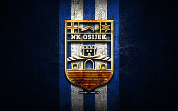 Osijek FC, golden logo, HNL, blue metal background, football, croatian football club, NK Osijek logo, soccer, NK Osijek HD wallpaper