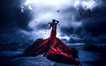 Red Dressed Girl, digital, art, clouds, lantern, woman HD wallpaper