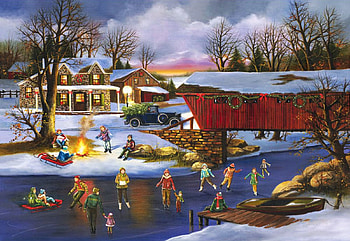 An Old Fashioned Christmas, skating, snow, bridge, houses, people, ice, covered, river, artwork, painting HD wallpaper