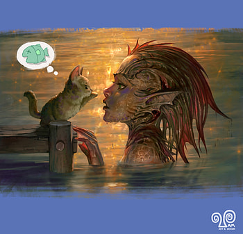 Fish girl meet kitten, mansik yang, kitten, mermaid, art, cat, summer, fantasy, pisici, luminos, water, vara, siren HD wallpaper