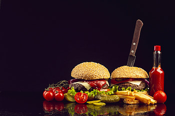 HAMBURGER, Buns, Bottle, Tomatoes, French fries, Knife HD wallpaper