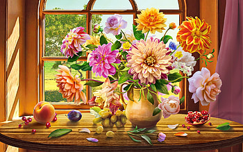 Autumn bouquet, bouquet, window, cozy, art, fall, vase, beautiful, still life, pretty, autumn, flowers, home HD wallpaper