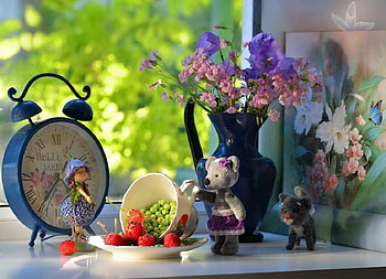 still life, beautiful, flowers, food HD wallpaper