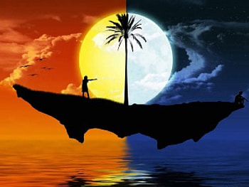 Day and Night, person, figure, colors, tree, moon, clouds, vector, sun, silhouette HD wallpaper
