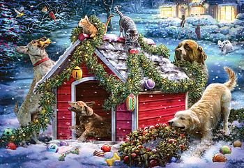Helping With The Decorations, christmas, snow, winter, painting, dogs, doghouse HD wallpaper