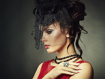 Beauty, black, model, ring, viel, girl, hand, woman, jewel, red, face, hat HD wallpaper