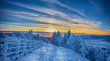 Winter Sunset at Romania, mountains, walkway, snow, winter, fence, landscape HD wallpaper