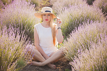 Lavender field beauty, summer, field, lavender, women, hat, beauty HD wallpaper