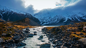 Aoraki (Mount Cook) National Park, NZ, creek, rocks, stones, clouds, landscape, sky HD wallpaper